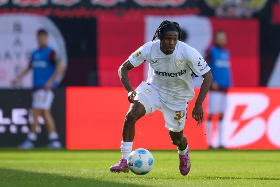 Jeremie Frimpong in Bundesliga action for Bayer Leverkusen.