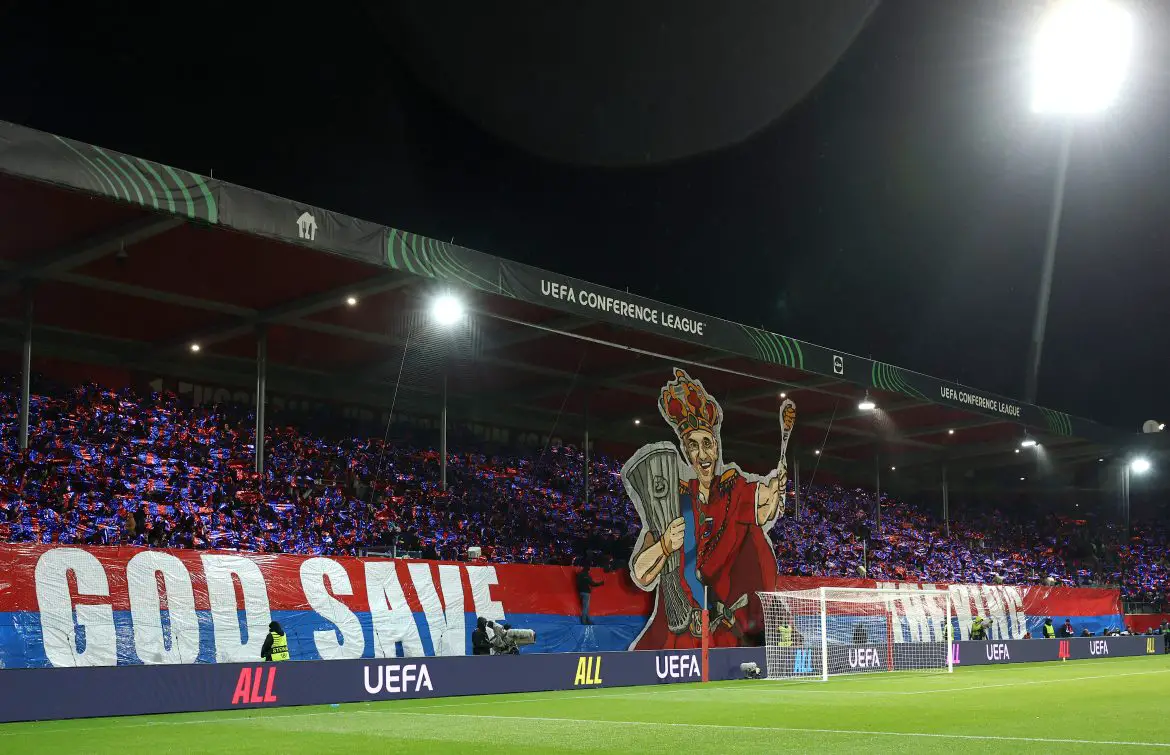 1. FC Heidenheim fans display their famous Frank Schmidt banner during last year's Conference League fixture against Chelsea.