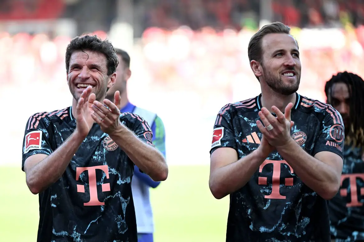 Thomas Müller and Harry Kane celebrating a decisive Bundesliga victory last weekend.