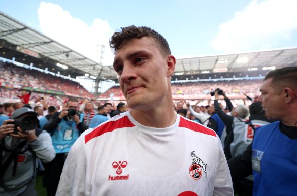 Eric Martel of 1. FC Köln after they gained promotion to the Bundesliga.