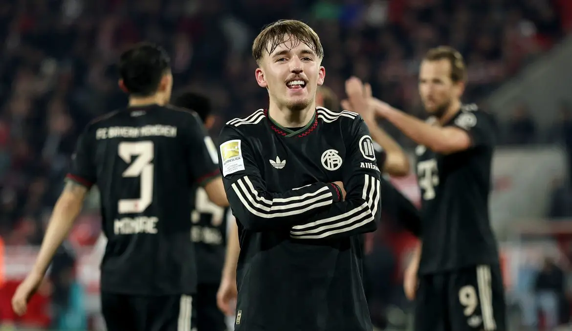 Bayern Munich phenom Lennart Karl celebrates scoring in the Bundesliga.