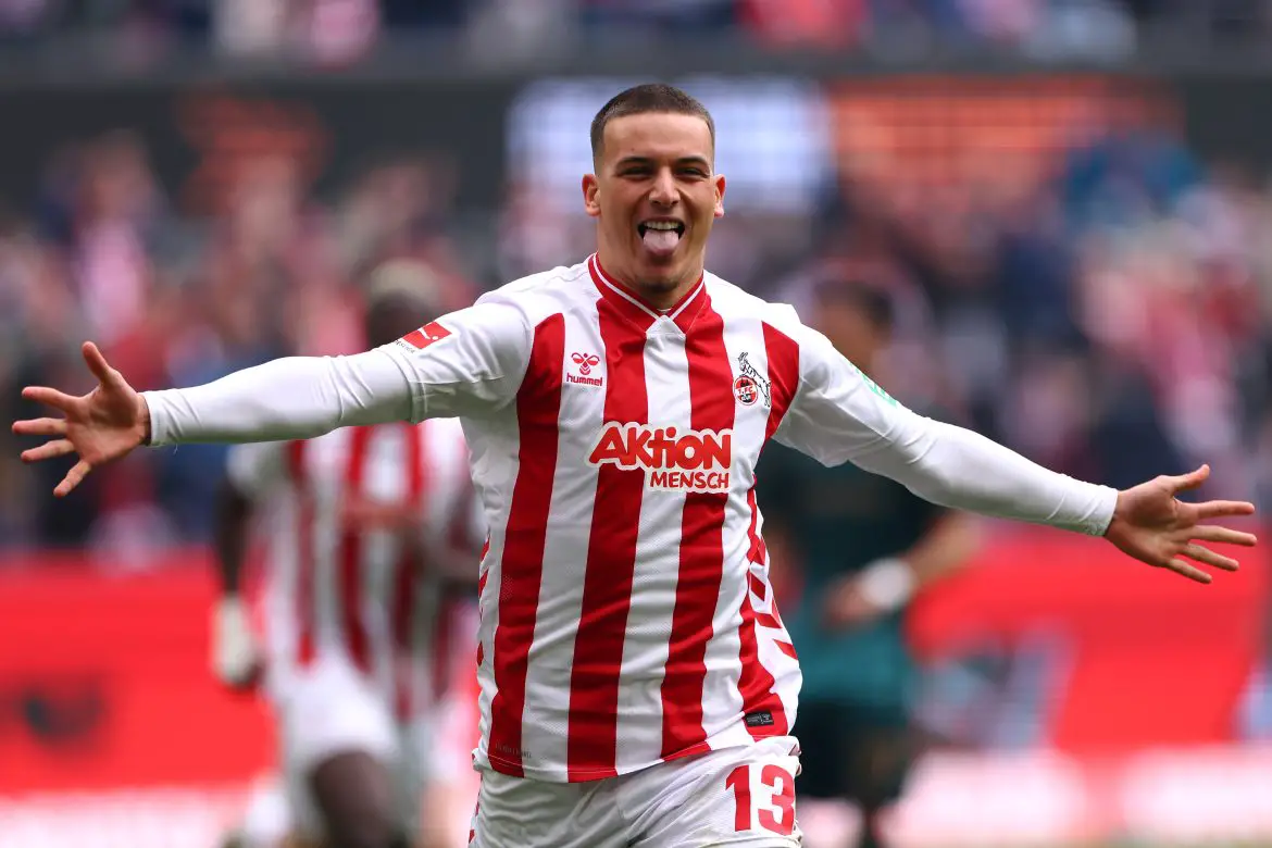 Said El Mala of 1. FC Koln celebrates scoring in the Bundesliga.