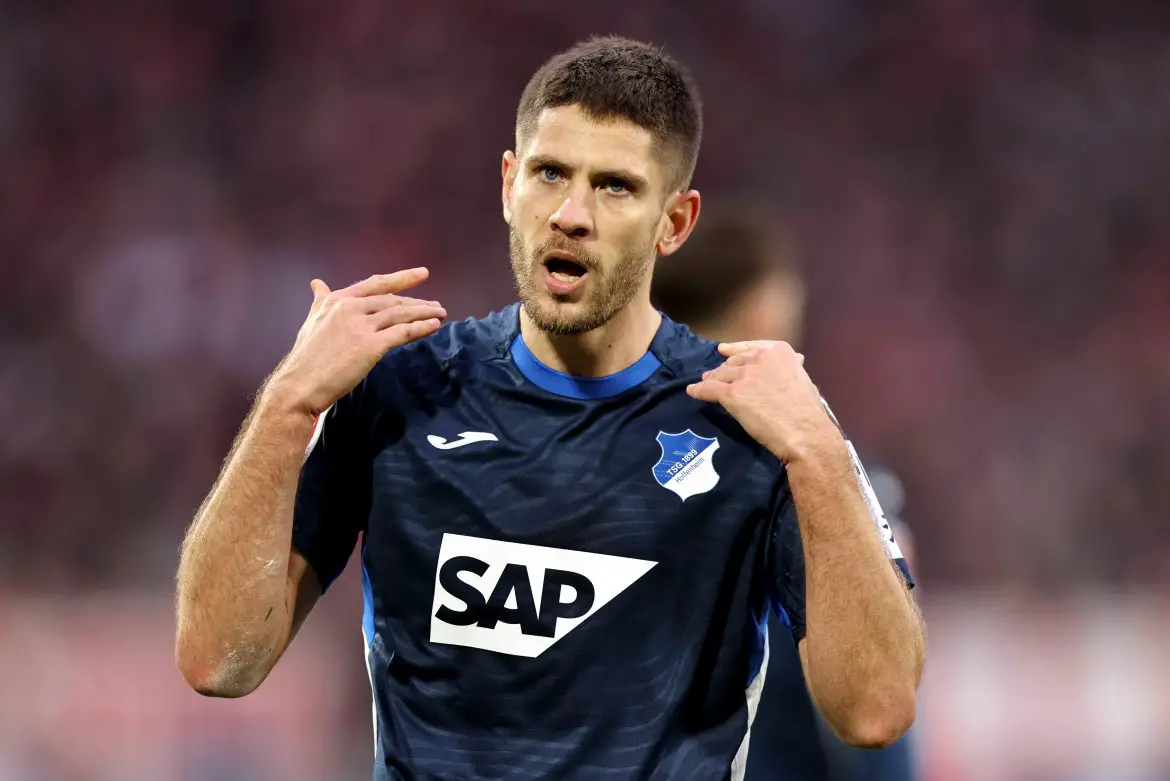 Andrej Kramaric celebrates scoring a Bundesliga goal for Hoffenheim.