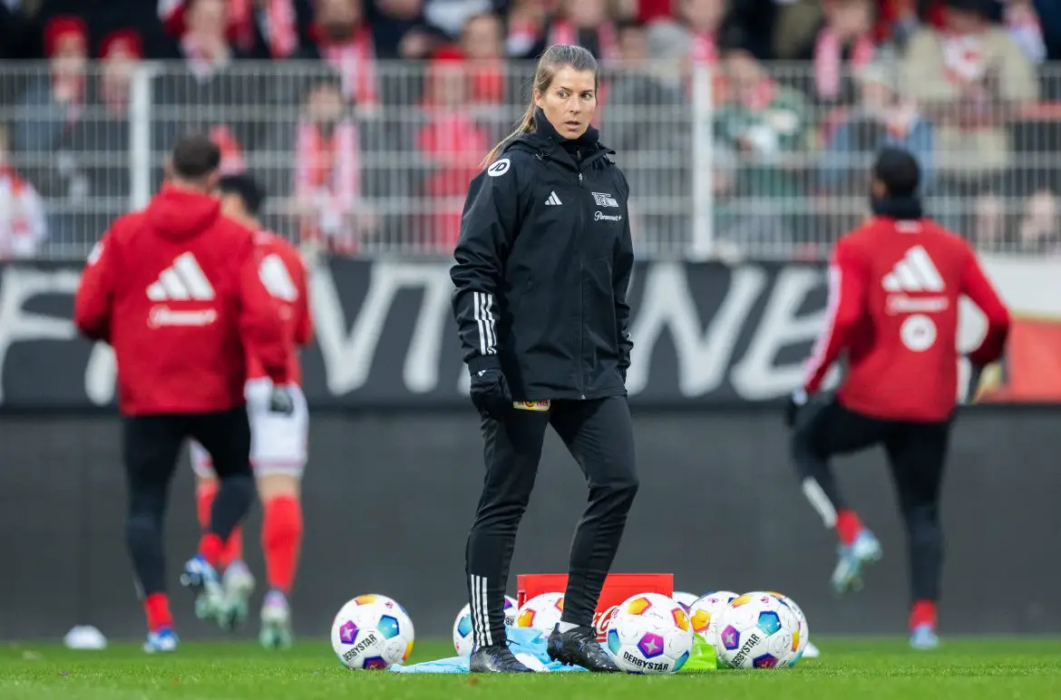 Marie-Louise Eta directs a Union Berlin warm-up session ahead of a Bundesliga match against Augsburg in November 2023.