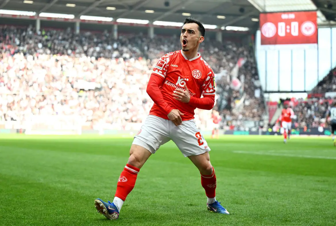 Mainz's Paul Nebel celebrates scoring in the Bundesliga on Sunday afternoon.