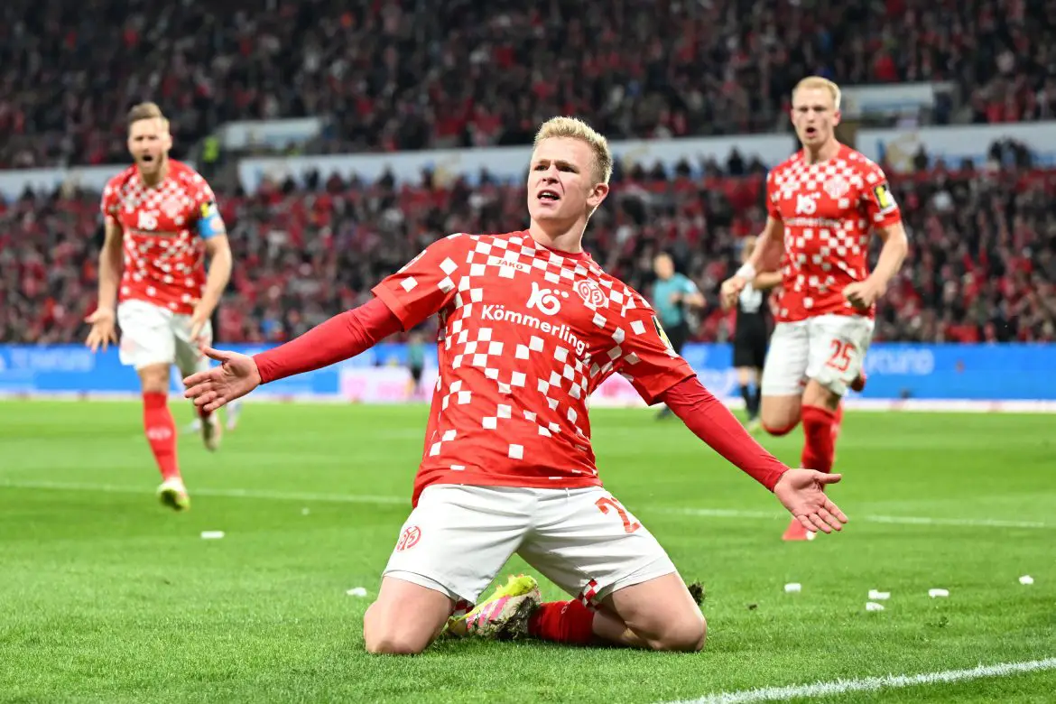 Jonathan Burkardt celebrates scoring for Mainz in the Bundesliga against Eintracht Frankfurt.
