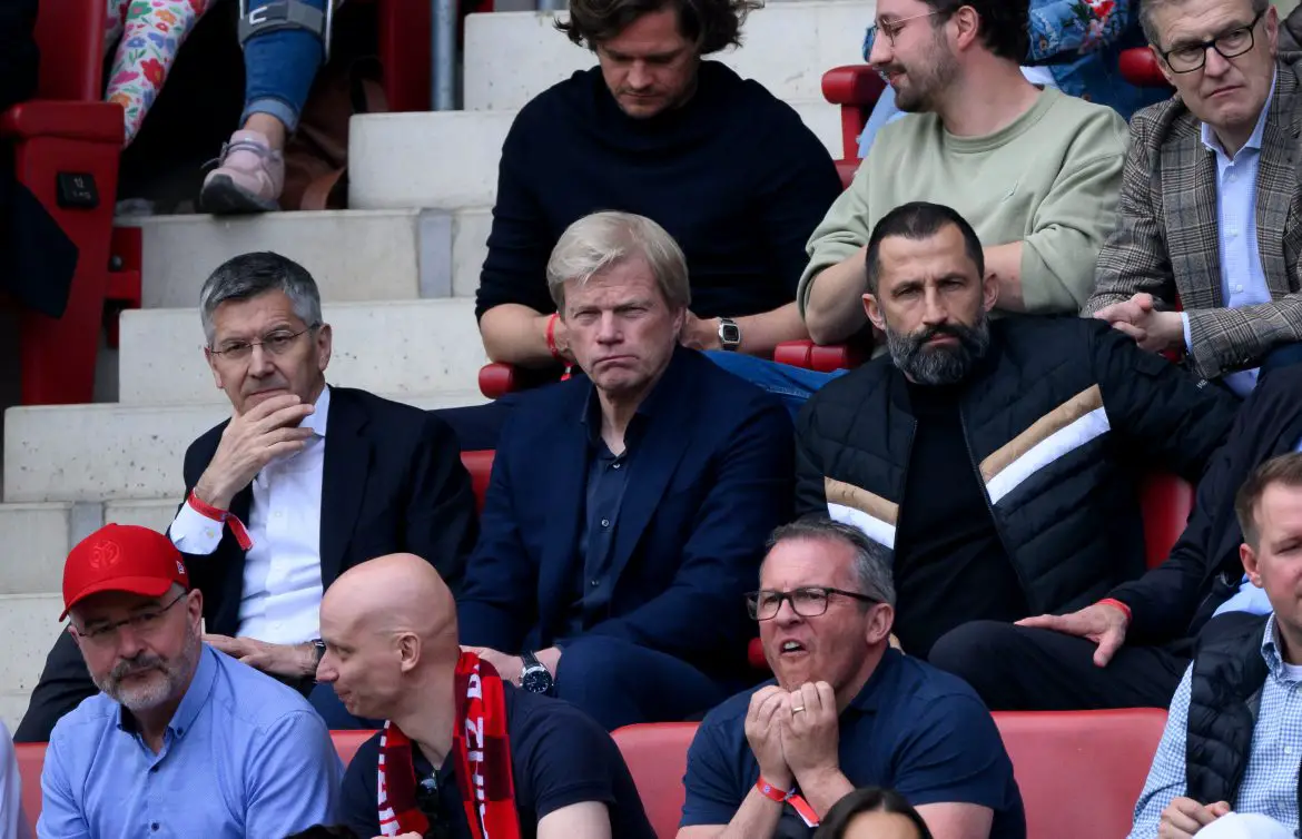 Herbert Hainer, Oliver Kahn, and Hasan Salihamdzic scouting a Bayern match in April 2023.
