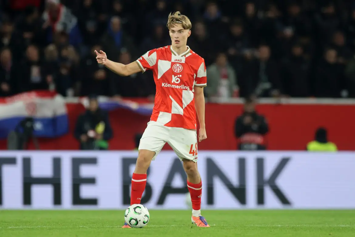 Premier League subject of interest Kacper Potulski representing Mainz in the Conference League.