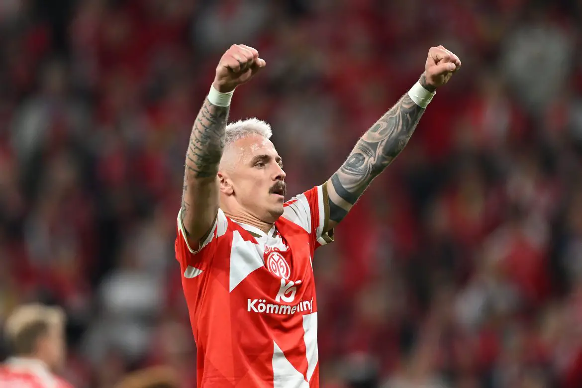 Mainz 05 striker Phillip Tietz celebrates his Bundesliga outfit's Conference League quarterfinal victory over Racing Strasbourg on Thursday evening.
