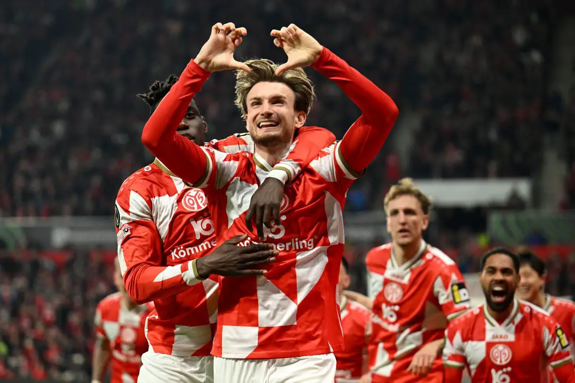 Austrian defender Stefan Posch celebrates scoring for Bundesliga outfit FSV Mainz 05 in the 2025/26 UEFA Europa Conference League.