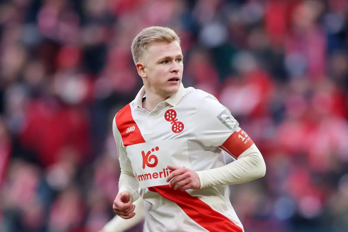 Mainz and Germany forward Jonathan Burkardt in Bundesliga action against Freiburg.