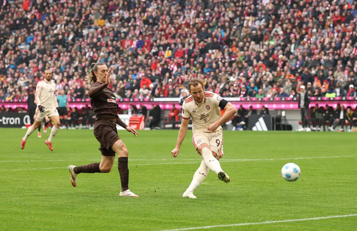 Harry Kane opens the scoring for Bayern Munich in the Bundesliga against St. Pauli.