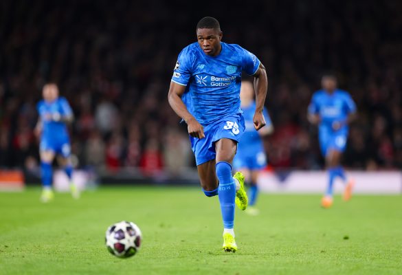 Bayer Leverkusen striker Christian Kofane playing against Arsenal in the Champions League.