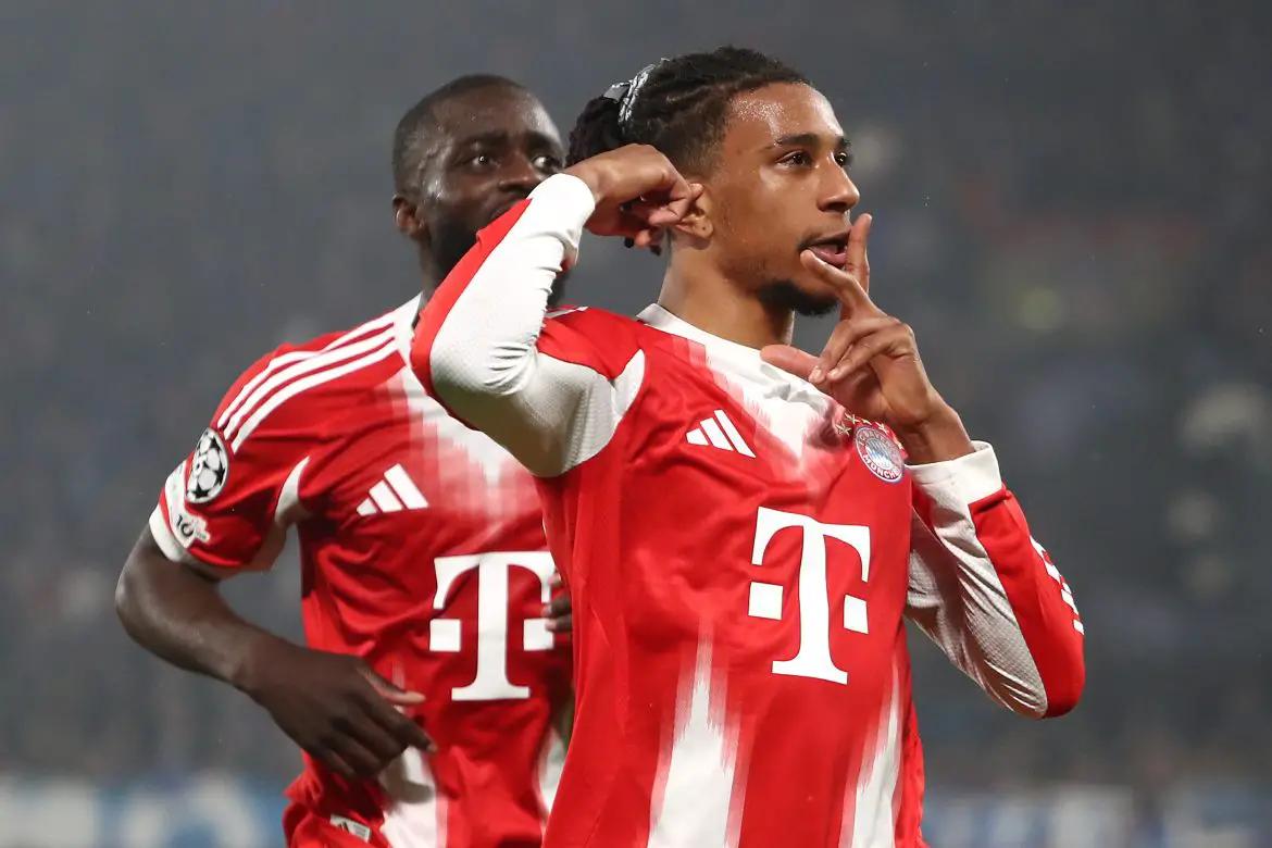 Michael Olise celebrates scoring against Atalanta in the UEFA Champions League.