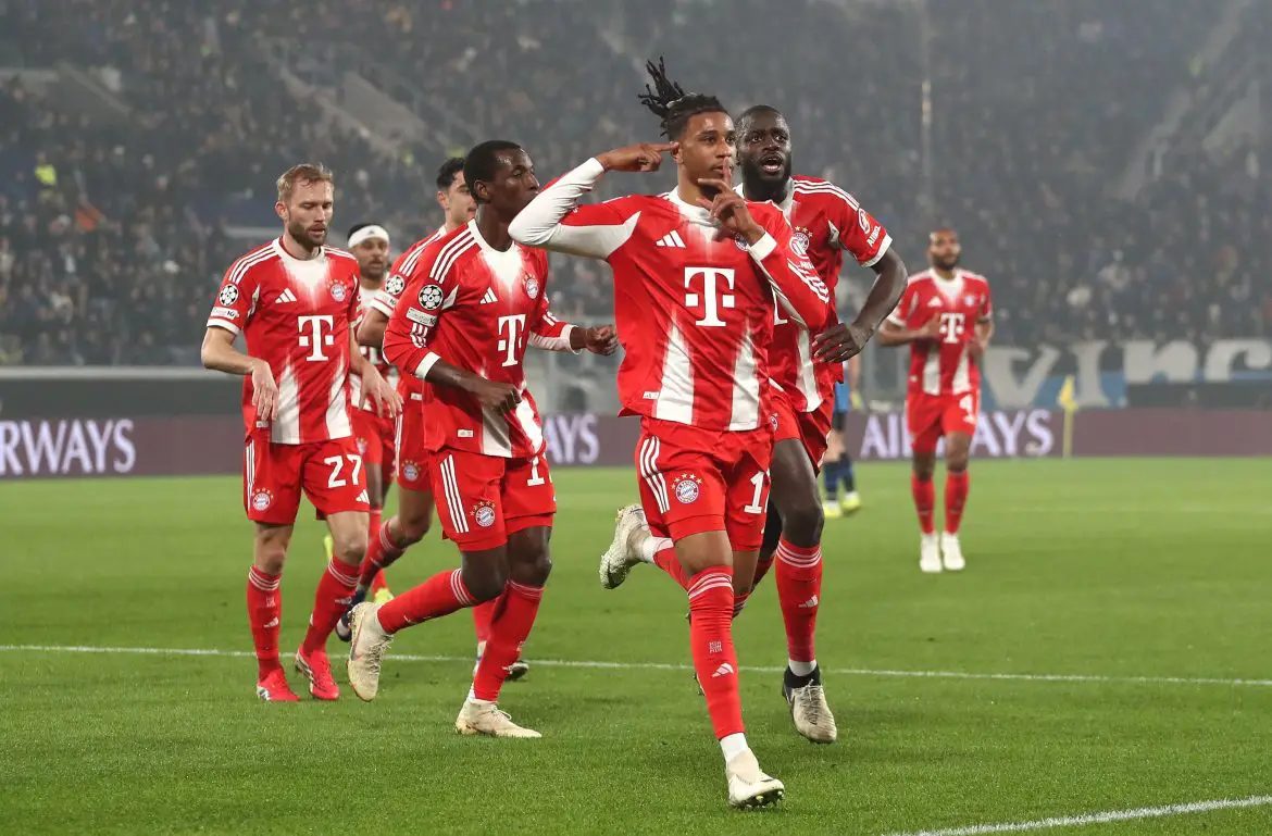Bayern Munich players celebrate after scoring against Atalanta.