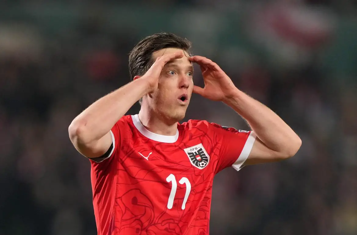 Bundesliga veteran striker Michael Gregoritsch representing Austria in a World Cup qualifier.