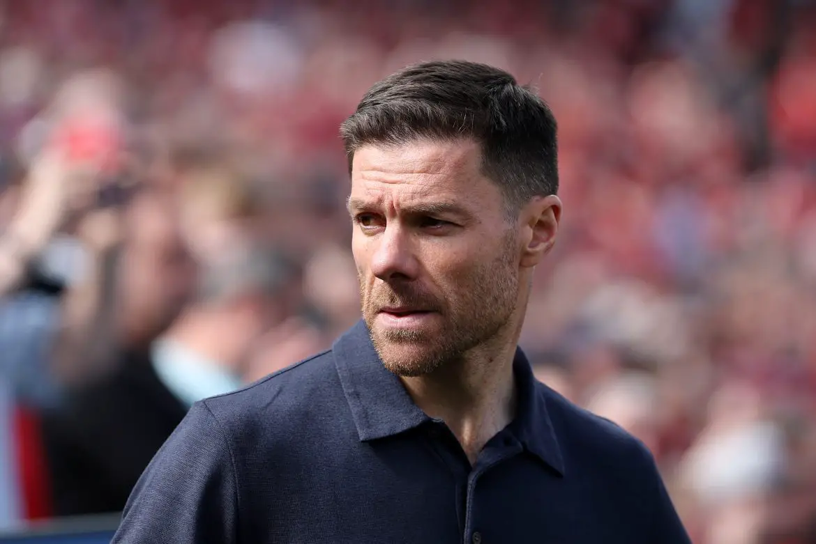Xabi Alonso coaching Bayer Leverkusen against Union Berlin in the Bundesliga.