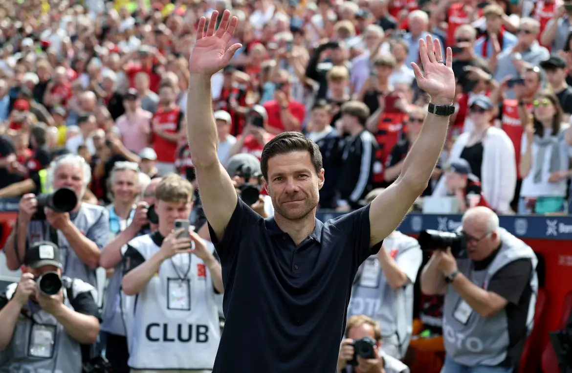 Xabi Alonso of Bayer Leverkusen says goodbye to fans at his last home game of the Bundesliga season.