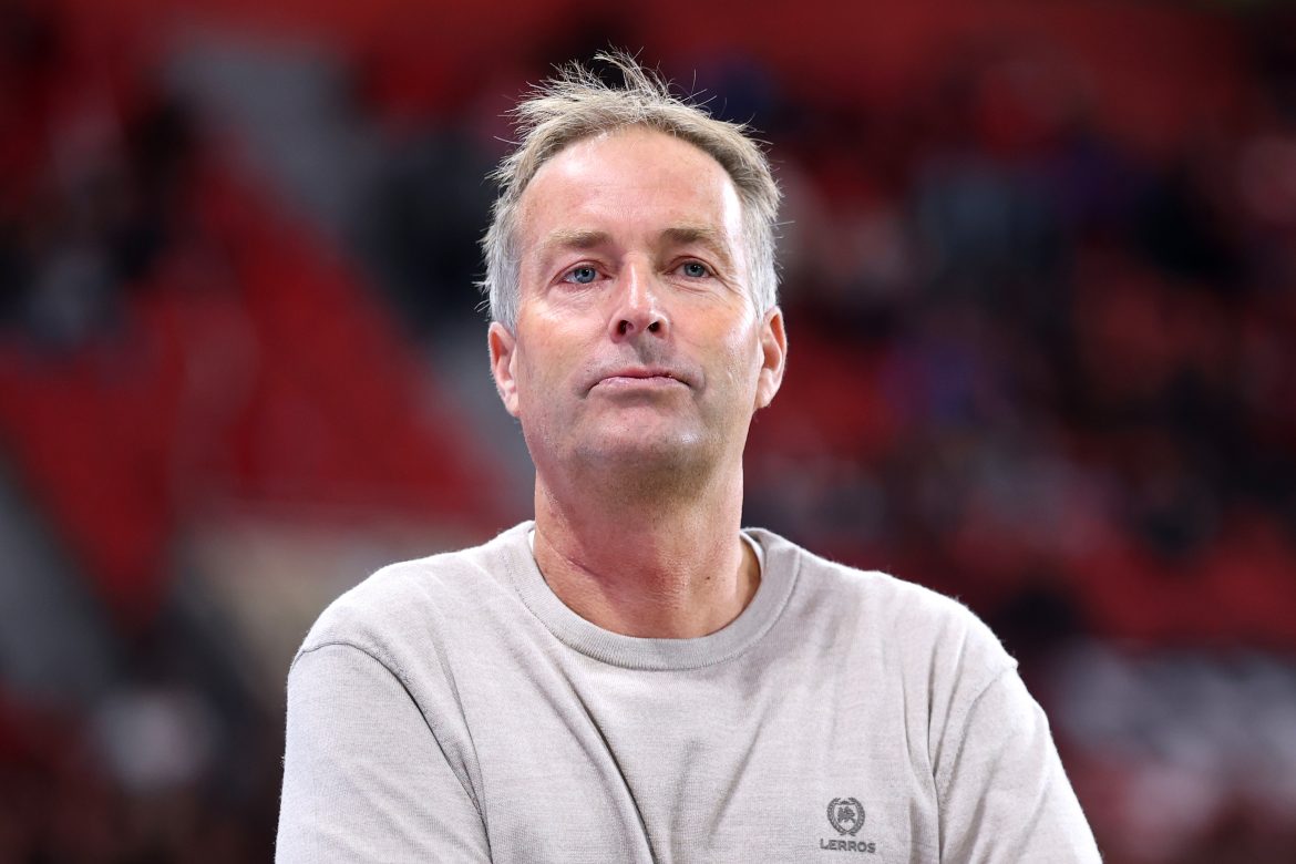 Bayer Leverkusen head coach Kasper Hjulmand working the Bundesliga sidelines.