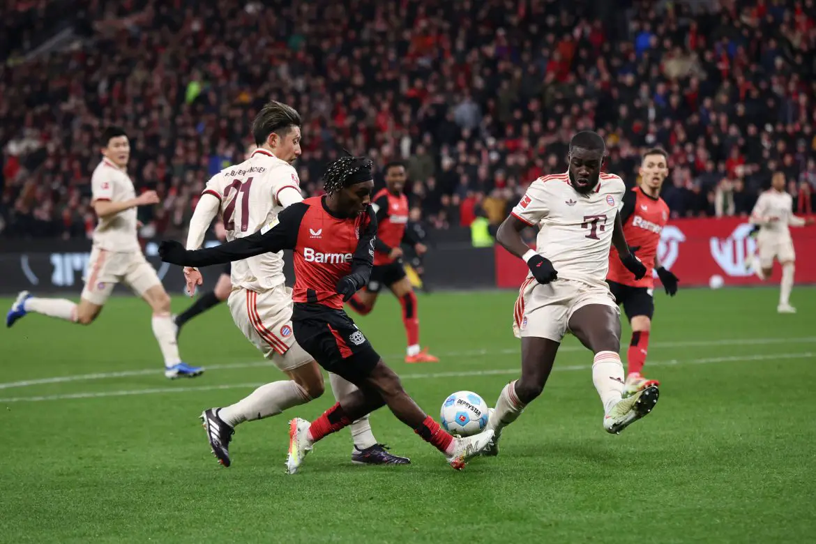 Jeremie Frimpong of Bayer Leverkusen in Bundesliga action against Bayern Munich.