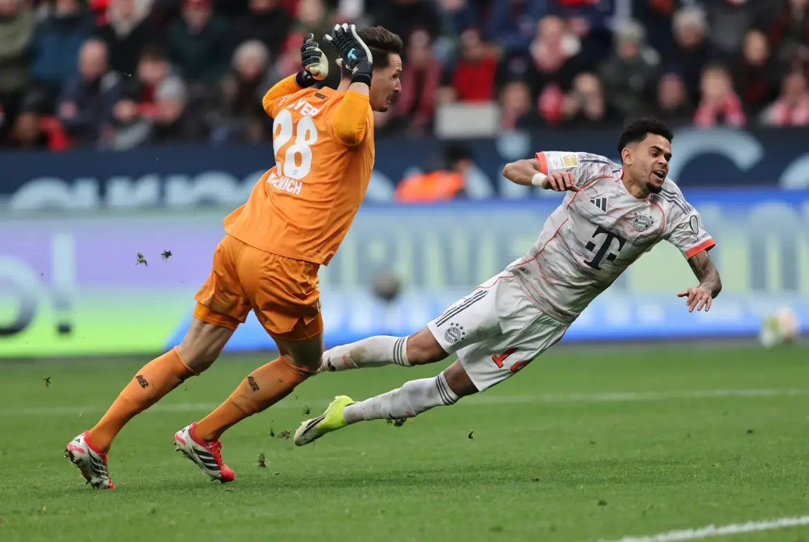 Bayern Munich's Luis Diaz goes to ground during a controversial scene that saw him sent off on double yellows in the Bundesliga on Saturday.