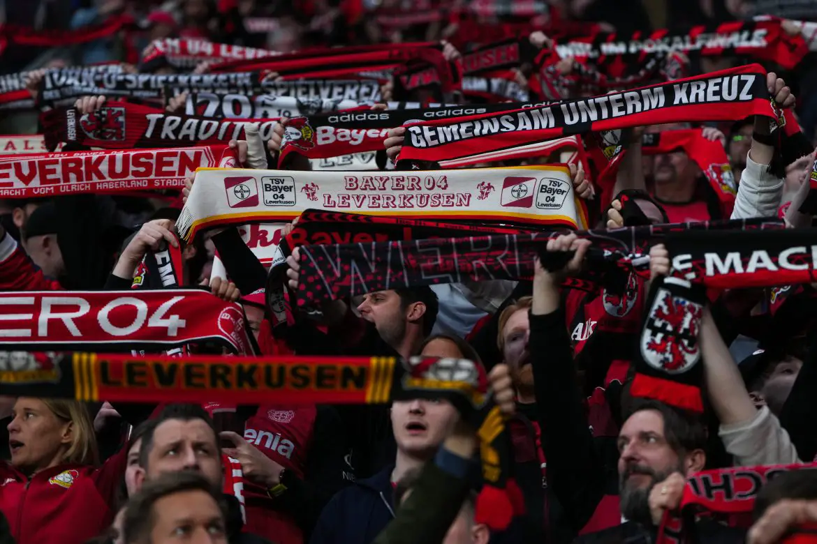 Bayer 04 Leverkusen fans show support for their Bundesliga club.