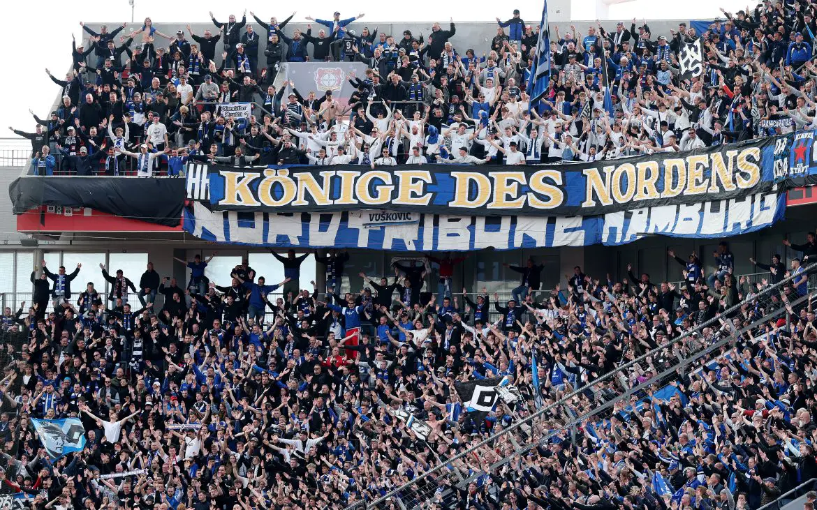 Hamburg fans unfurl a "Kings of the North" banner during a Bundesliga match.