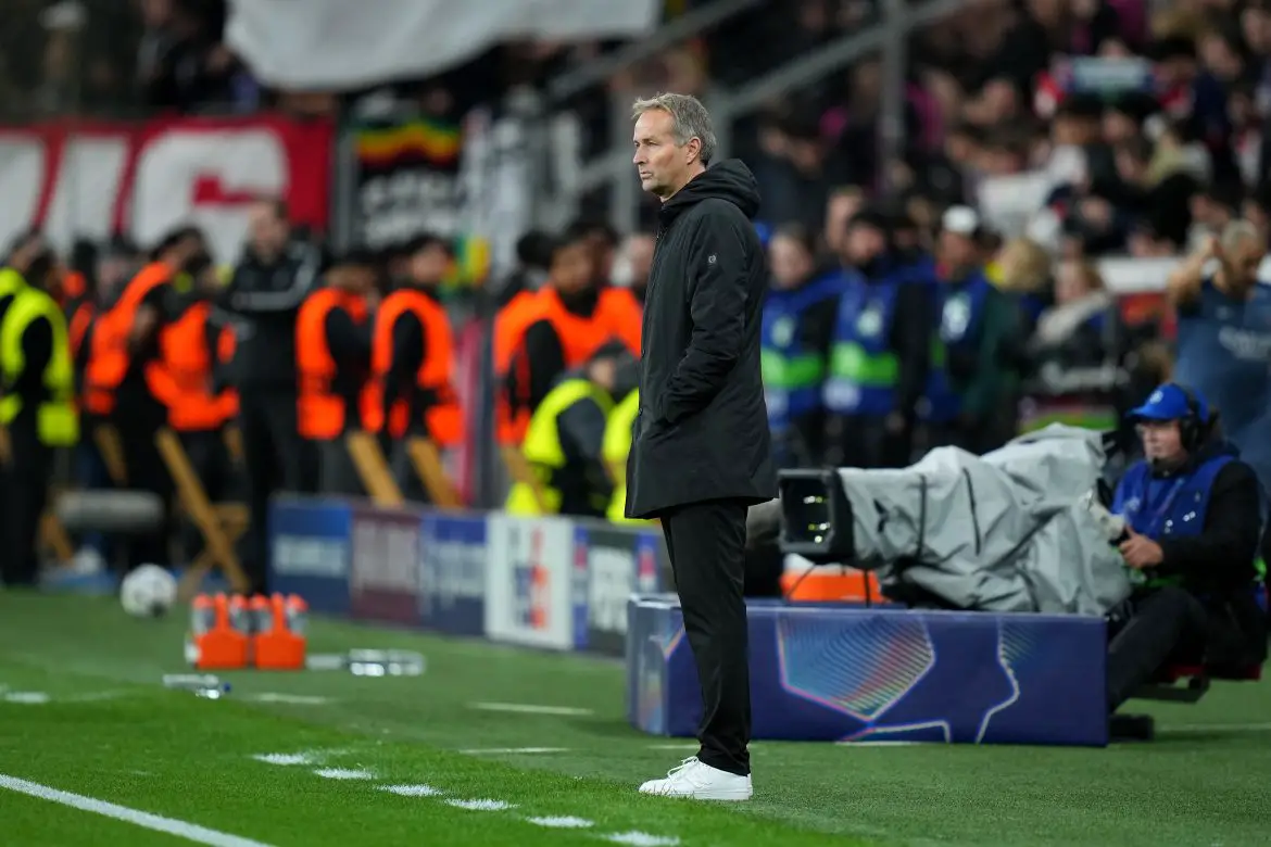 Bayer Leverkusen head coach Kasper Hjulmand on the touchline against Paris Saint-Germain.