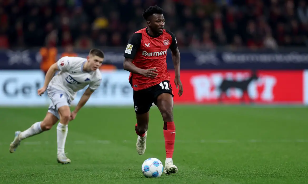 Bayer Leverkusen defender Edmond Tapsoba against Hoffenheim in the Bundesliga.