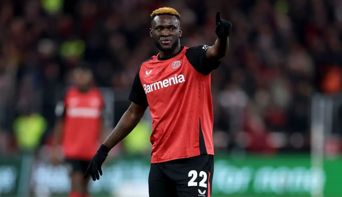 Victor Boniface playing for Bayer Leverkusen in a February 2025 Bundesliga match.