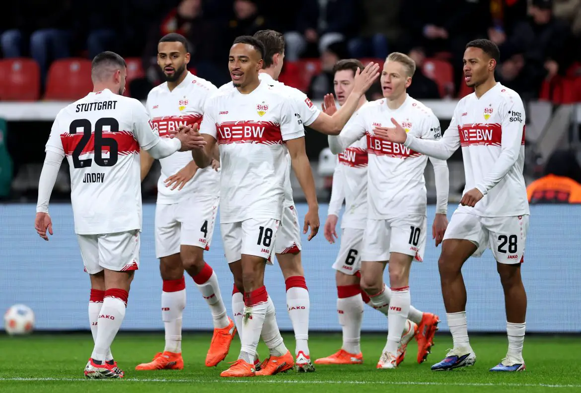 Jamie Leweling and VfB Stuttgart teammates celebrate scoring a goal in Saturday evening's Bundesliga fixture against Bayer Leverkusen.
