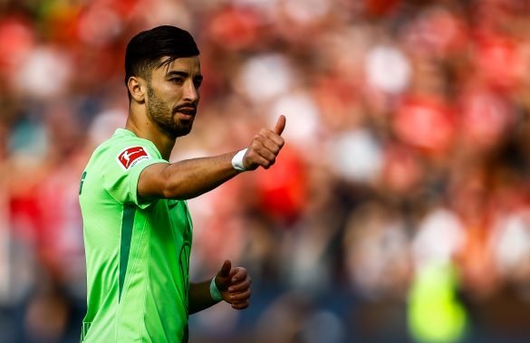 Mohamed Amoura of Wolfsburg in a Bundesliga game against Bayer Leverkusen.