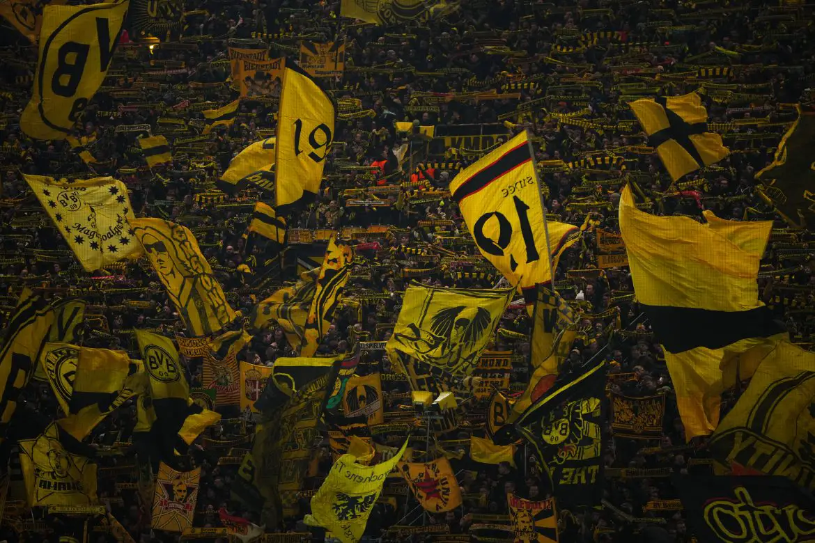 The Borussia Dortmund Südtribune during the first leg of the 2025/26 Champions League playoff tie against Atalanta Bergamo.