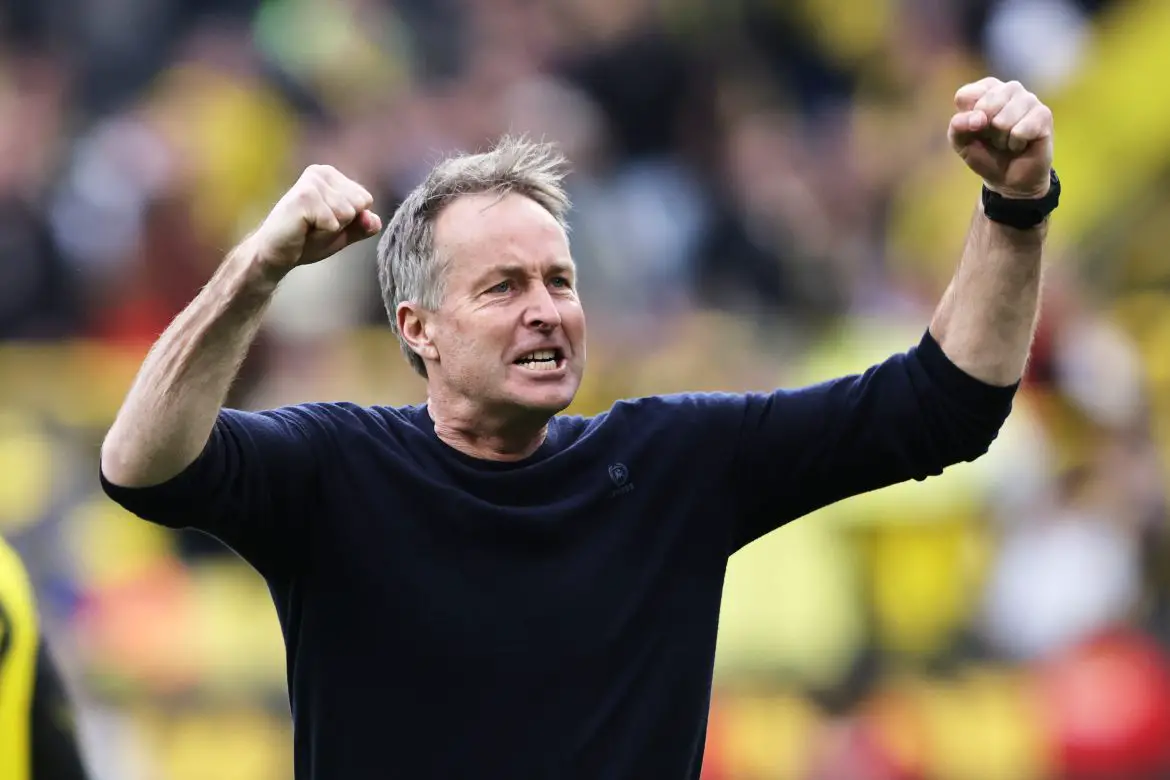 Bayer Leverkusen coach Kasper Hjulmand reacts after 1-0 victory over Dortmund.