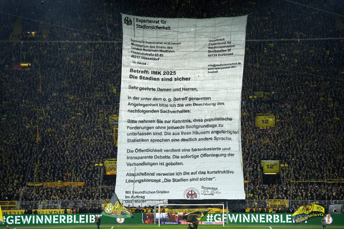 Borussia Dortmund fans protest against the forthcoming IMK conference in Bremen.