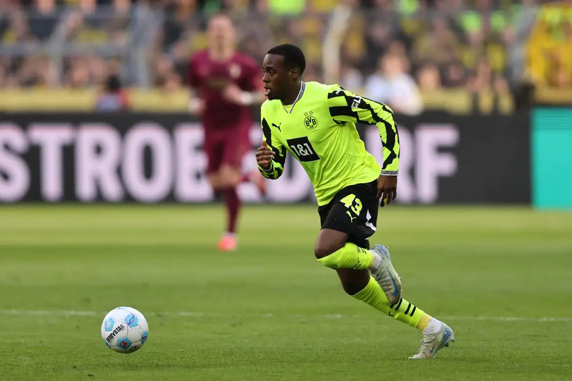 Jamie Gittens of Borussia Dortmund in action against Augsburg in the Bundesliga.