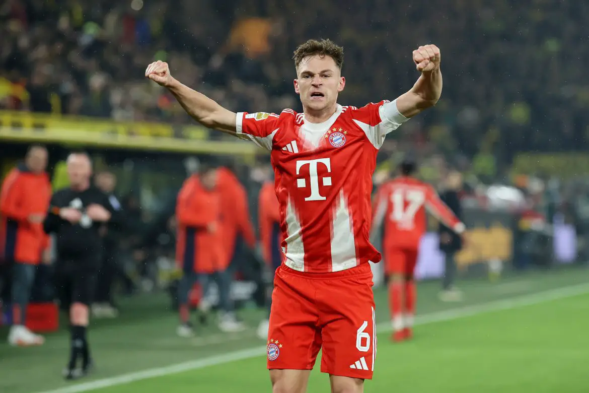 Bayern Munich's Joshua Kimmich celebrates scoring the match-winner in Saturday night's victory over Borussia Dortmund.
