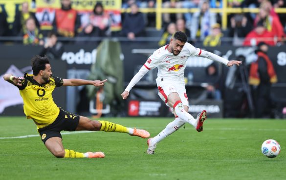 A scene from Saturday's Bundesliga fixture between RB Leipzig and Borussia Dortmund.
