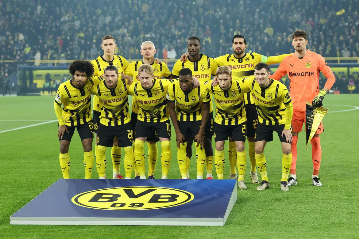 Borussia Dortmund squad line up prior to their Champions League game against Sporting CP.