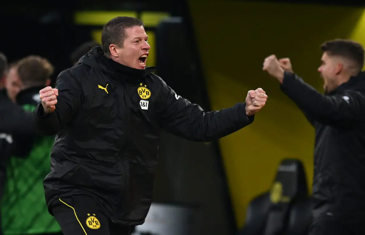 Borussia Dortmund caretaker head coach Mike Tullberg working the sidelines last season.