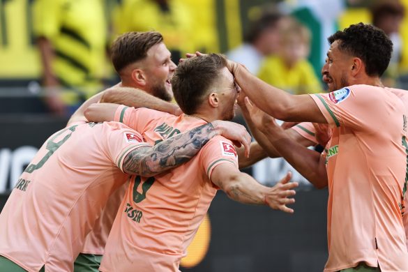 Niclas Füllkrug and Werder Bremen teammates celebrate completing their historic Bundesliga comeback against Borussia Dortmund back in August 2022.