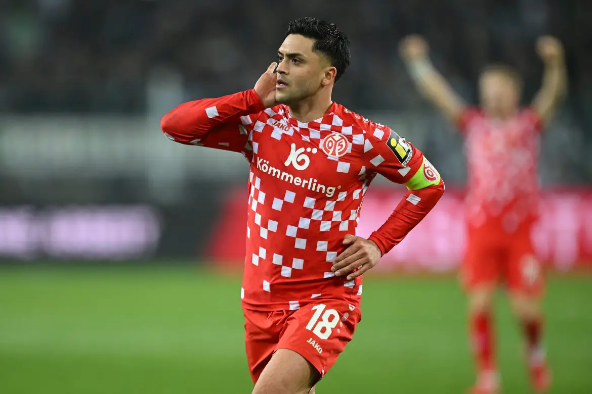 Nadiem Amiri of Mainz celebrates scoring against Borussia Monchengladbach in the Bundesliga.