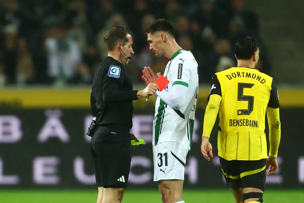 Borussia Mönchengladbach striker Tomas Cvancara being shown a red card earlier this season.