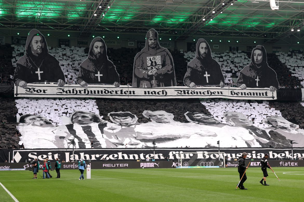 Borussia Mönchengladbach fans unveil a choreo prior to a Bundesliga match.