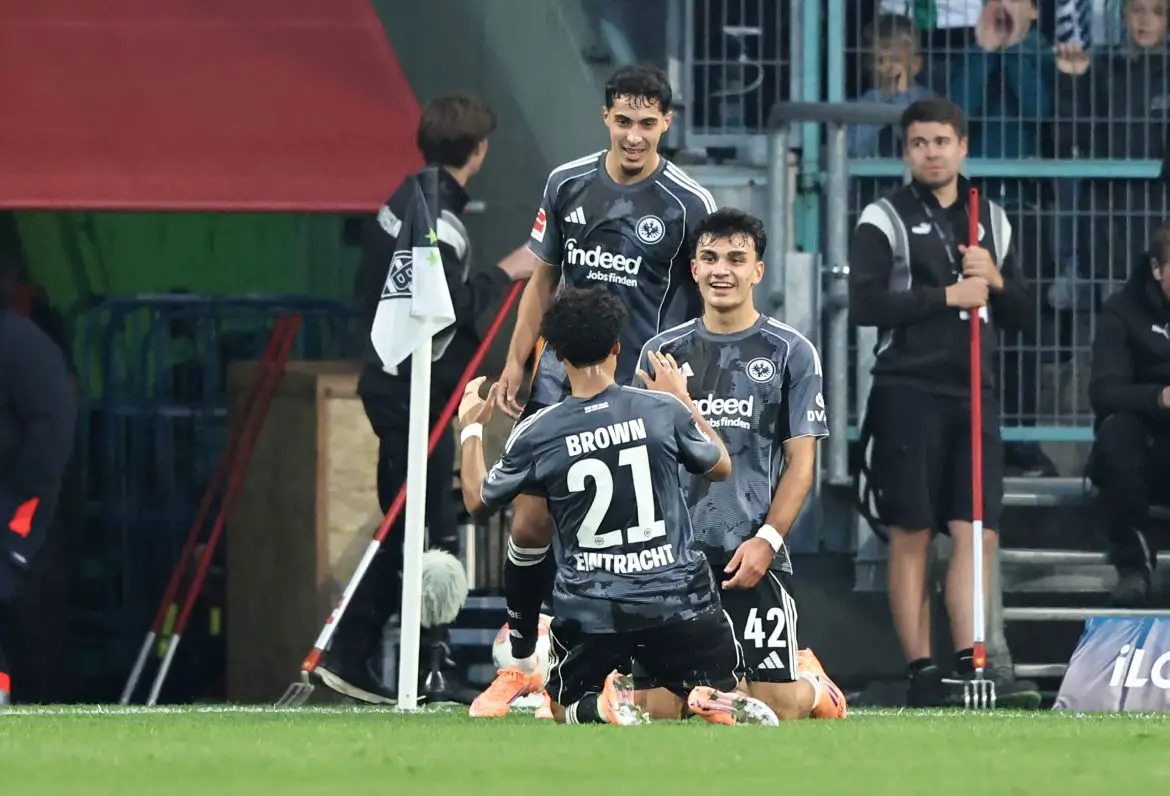 Frankfurt trio celebrate goal