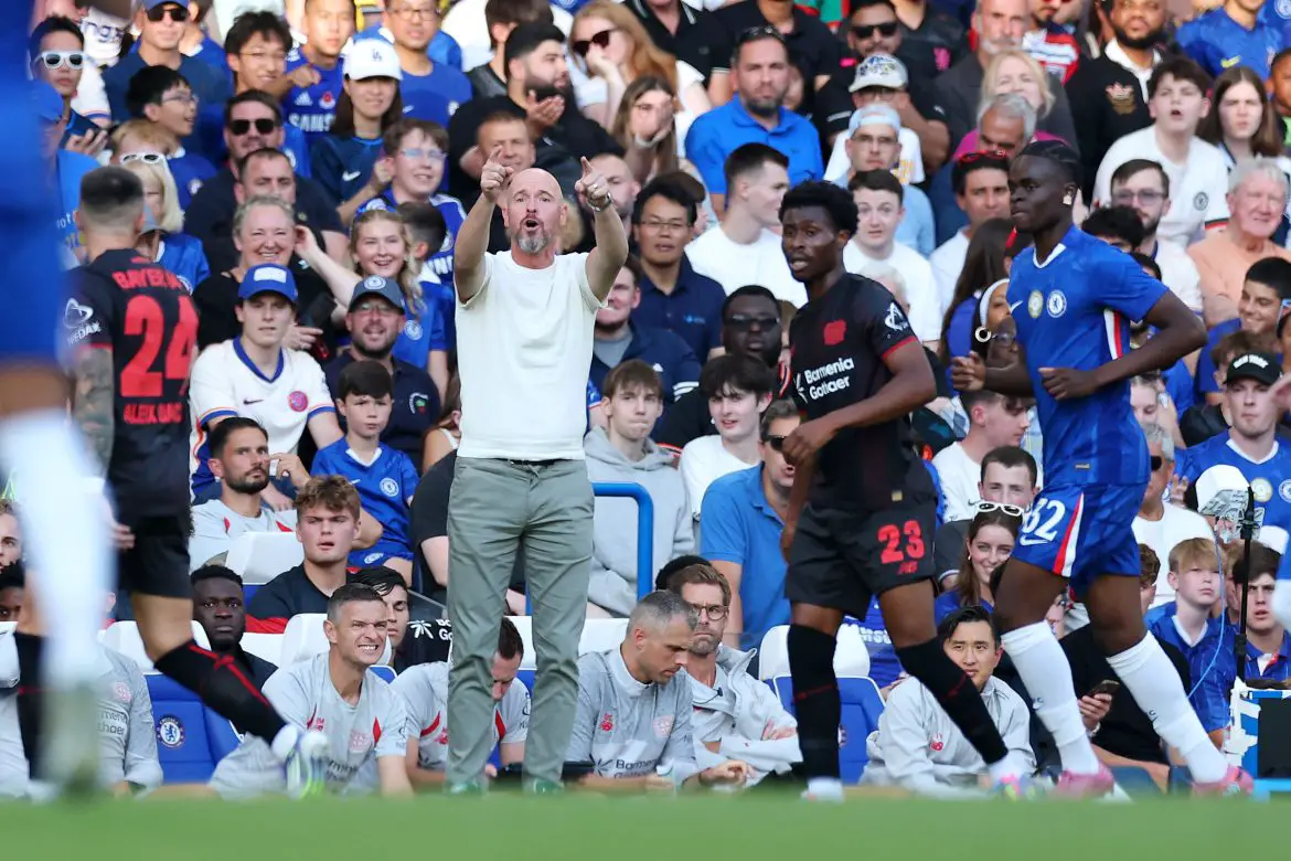 Erik ten Hag of Bayer Leverkusen on the touchline against Chelsea.