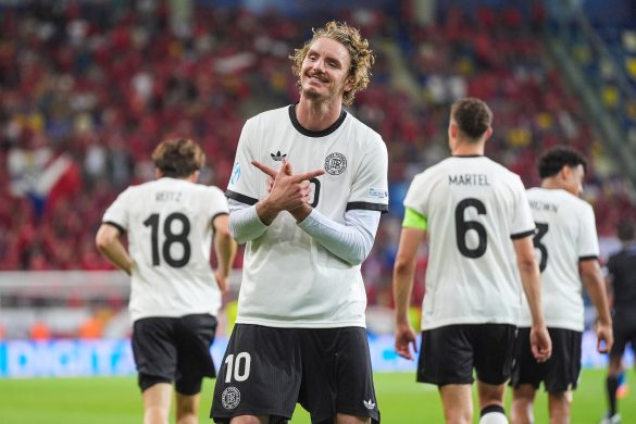 Nick Woltemade celebrates scoring against the Czech Republic at the UEFA Euro U21 Championship.