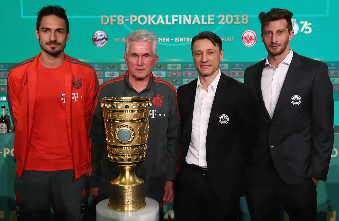 Mats Hummels, Jupp Heynckes, Niko Kovac (then head coach of Frankfurt), and David Abraham ahead of the 2018 DFB Pokal Final.