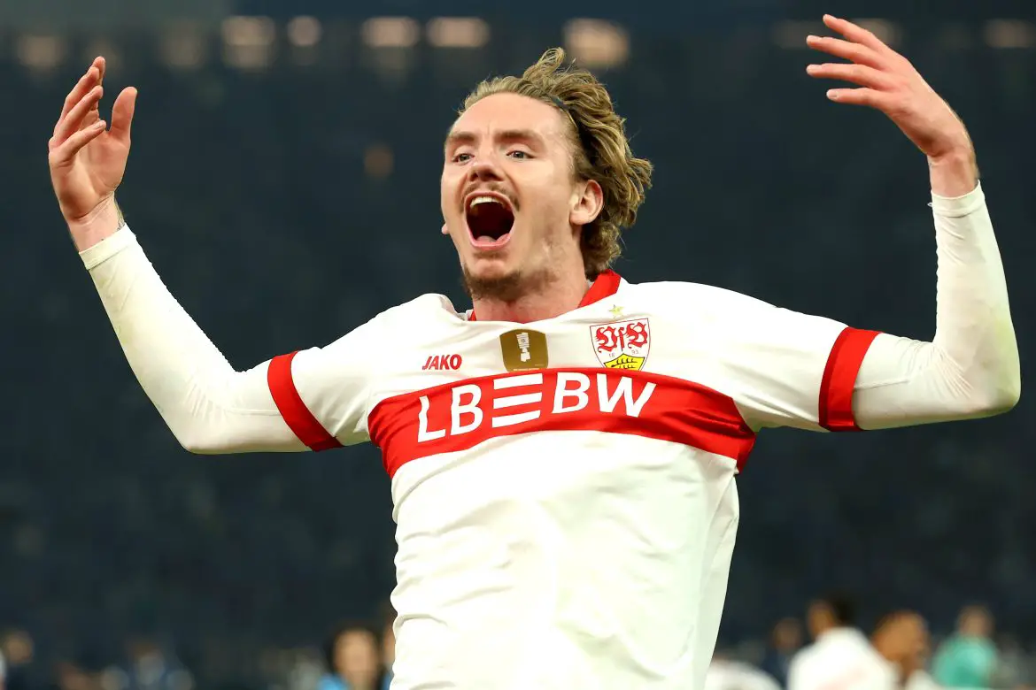 Nick Woltemade celebrates scoring for Stuttgart in the DFB Pokal final.