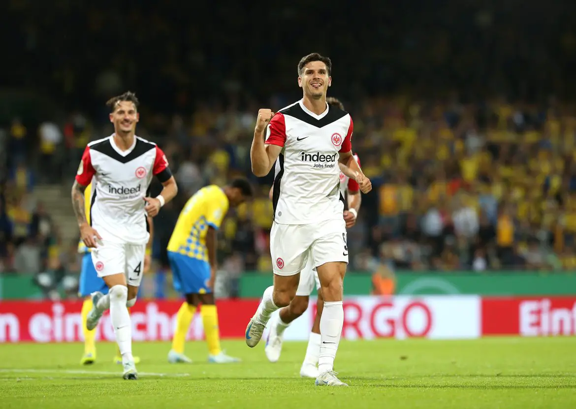Igor Matanovic celebrates scoring for Eintracht Frankfurt.